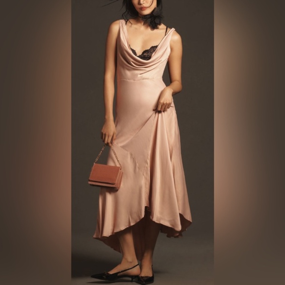NWT‎ Anthropologie Cowl Neck Lace Asymmetrical Slip Maxi Dress in Rose Pink - S